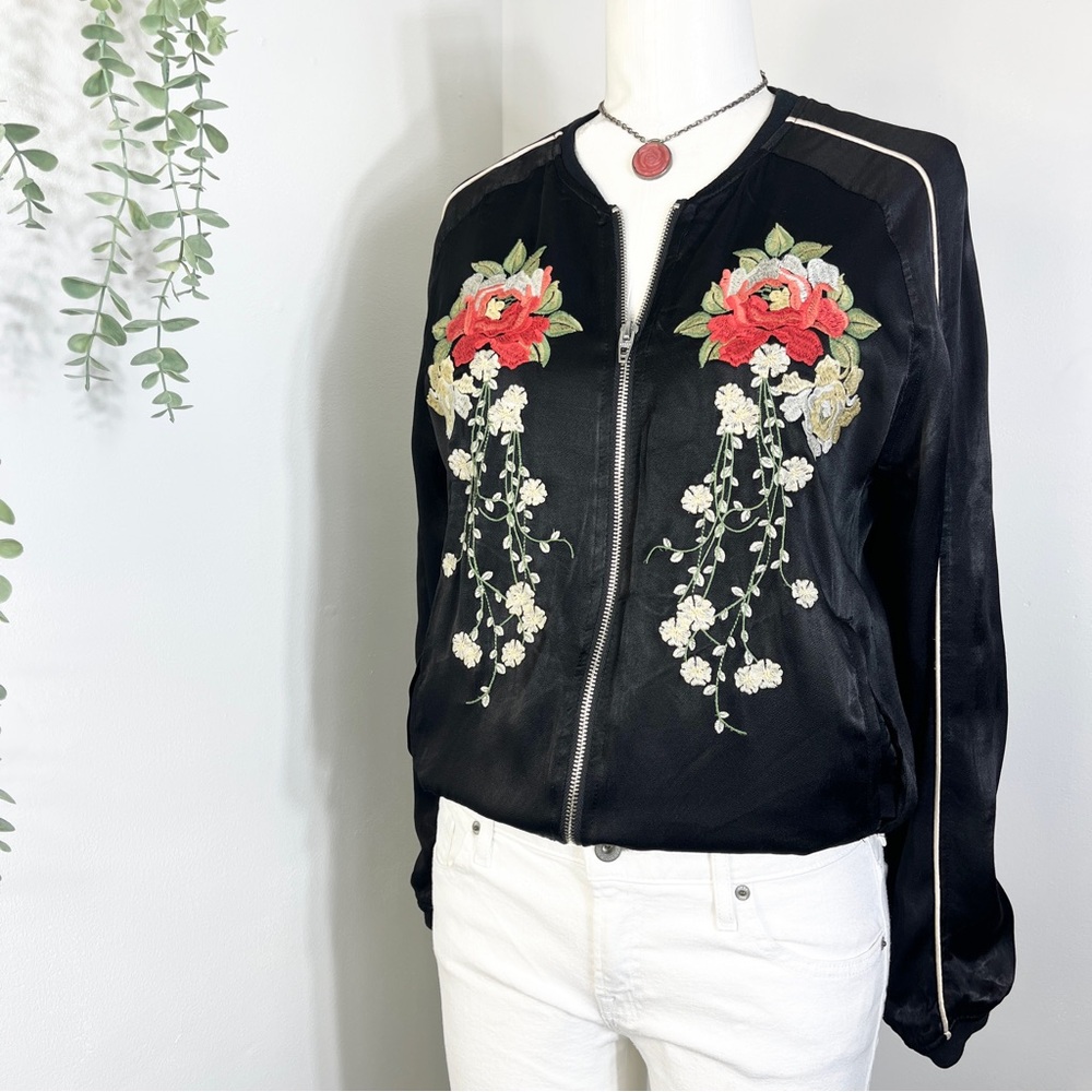 Blank NYC Floral Embroidered Satin Black Varsity Jacket Bomber Jacket